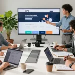 Collaborative office team discussing WPS Official Website project with digital screens and modern workspace.