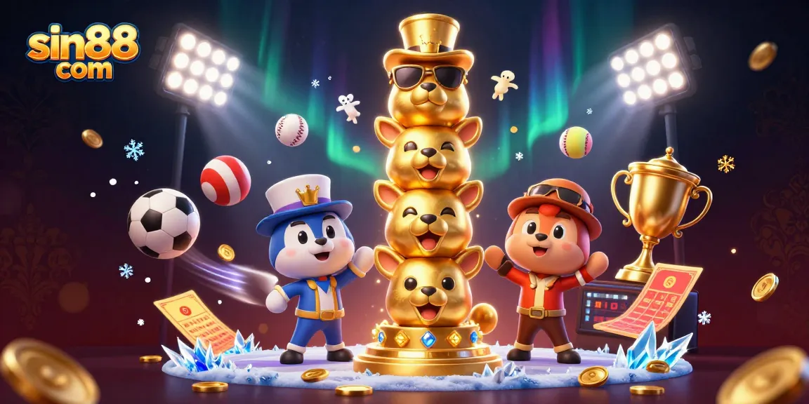 Engage in thrilling gameplay at sin88 com with a dynamic casino-themed illustration featuring sports and gaming elements.