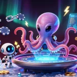 Engage in thrilling gameplay at five88 com, featuring a vibrant alien octopus at a floating poker table with crypto elements.