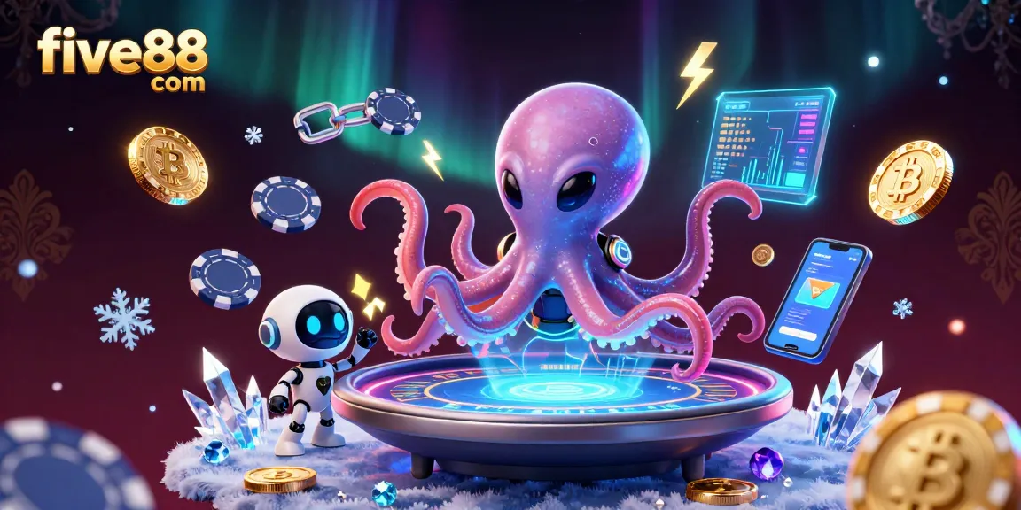 Engage in thrilling gameplay at five88 com, featuring a vibrant alien octopus at a floating poker table with crypto elements.