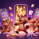 Engage with lovablevibes in a vibrant casino scene featuring comedic hyenas, colorful slot games, and lively atmosphere.