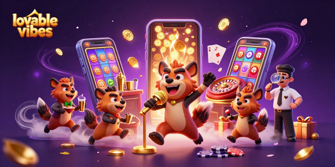 Engage with lovablevibes in a vibrant casino scene featuring comedic hyenas, colorful slot games, and lively atmosphere.