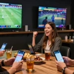 Exciting online betting scene with bettors using SBOBET to track live soccer games.